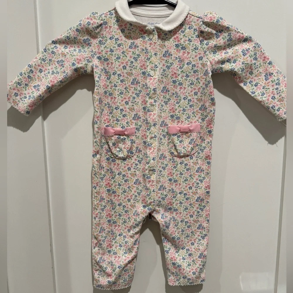 Ralph Lauren Floral-Print Cotton Coverall Onesie with Pink Accents 6m